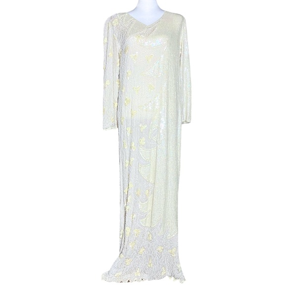 Vintage 100% Silk Ivory 70s 80s Fully Beaded Sequin Long Sleeve Dress - Picture 3 of 15